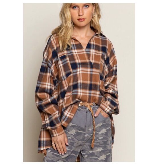 𝅺pol Plaid Soft Shirt Featuring relaxed fit and half overlay front with collar - Picture 6 of 9